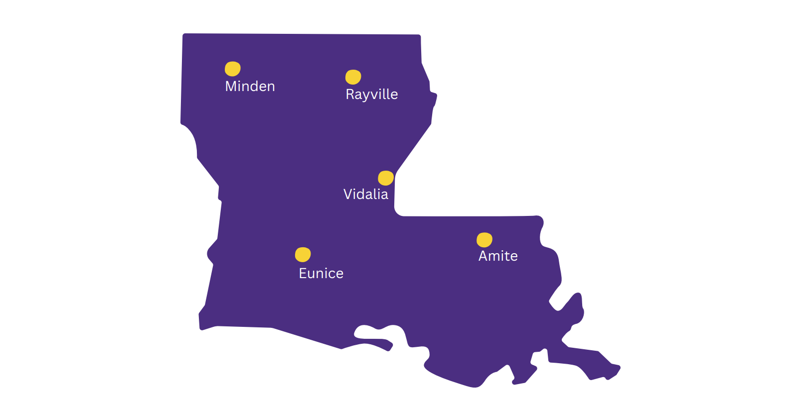 Map of Louisiana showing five marked locations: Minden, Rayville, Vidalia, Eunice, and Amite